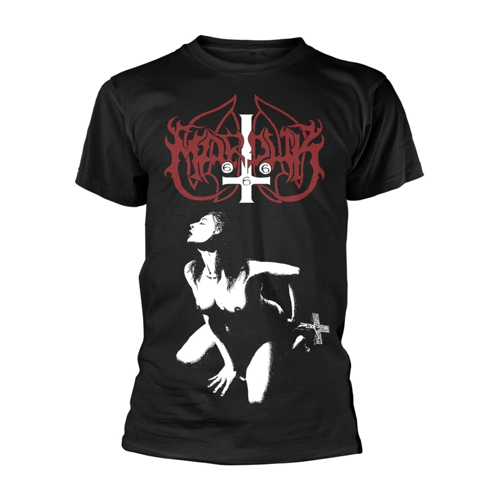 Black t-shirt with white figure and red band logo, crosses present.