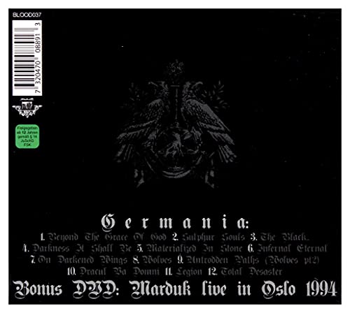 Black CD case back with eagle imagery, tracklist, and barcode.
