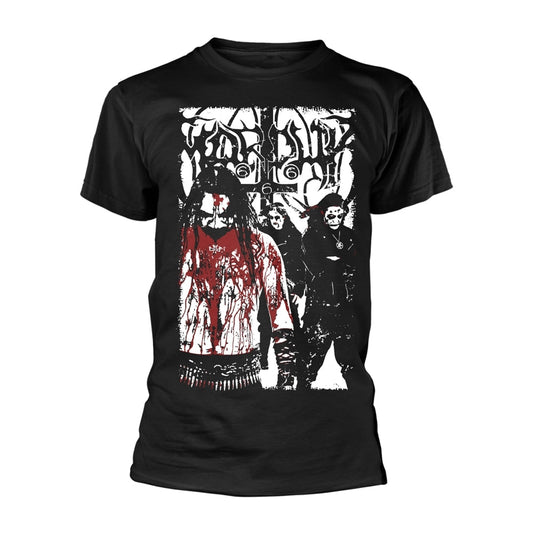 Black t-shirt with a distressed white and red graphic of figures.