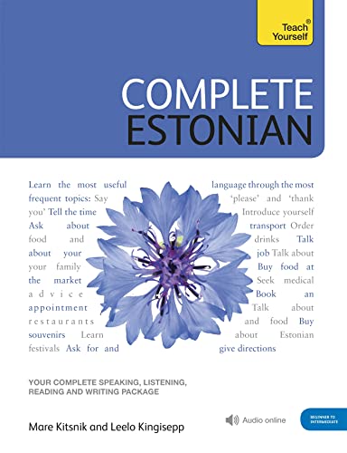 Blue cornflower on cover of "Complete Estonian" language learning book.