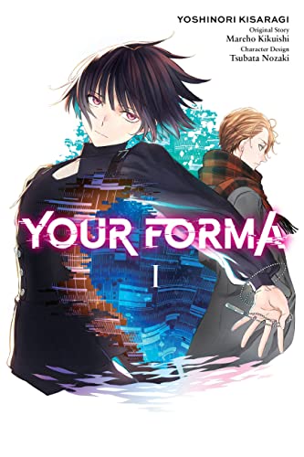 Manga cover: young man with dark hair, blue and pink digital effects.