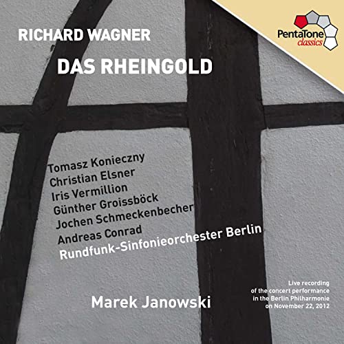 CD cover for Wagner's Das Rheingold featuring text over a timber-framed building background.