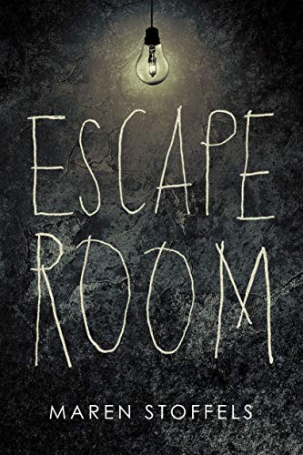 Book cover for "Escape Room" with handwritten-style title and dim lightbulb.