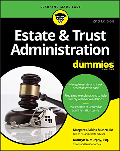 Book cover for Estate & Trust Administration For Dummies featuring a gavel and house key.