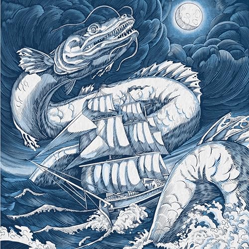 A blue-toned illustration shows a giant sea serpent looming over a sailing ship.