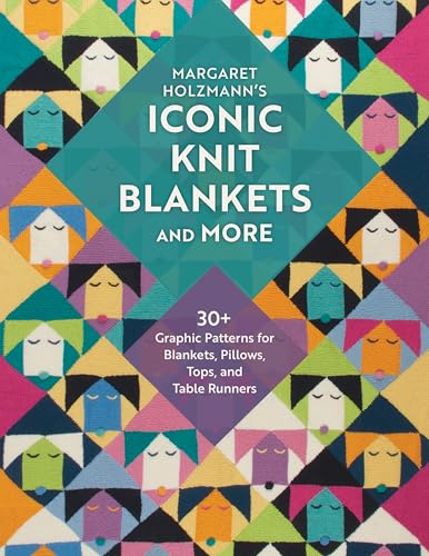 Book cover featuring colorful knitted face patterns on a geometric background.