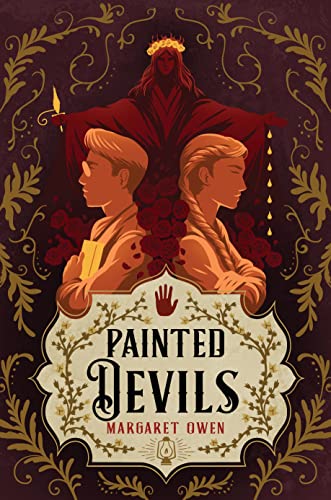 Book cover: two figures face forward, a shadowy figure behind, ornate frame.