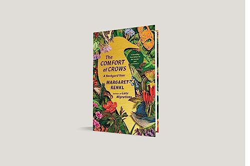 Book cover featuring a golden crow amidst colorful flowers and birds.