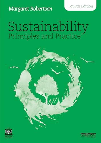 Green book cover with tree and birds, titled “Sustainability Principles and Practice”.