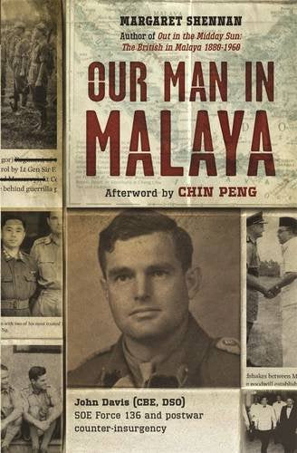 Book cover: "Our Man in Malaya" with historical photos and red text.