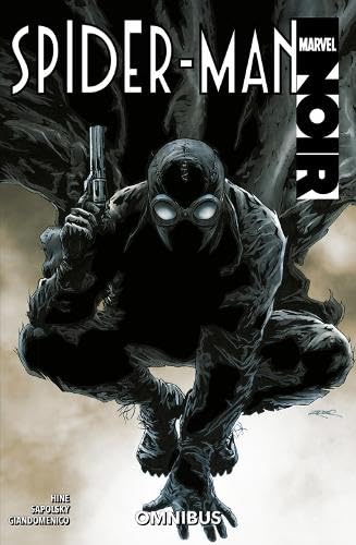 Spider-Man Noir crouching in a dark suit and goggles, holding a handgun.