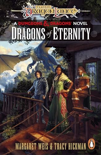 Dragonlance novel cover with three characters and a blue dragon.