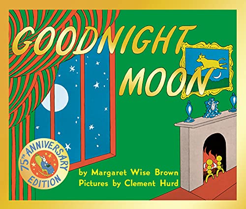 “Goodnight Moon” book cover with a green room, window, and fireplace.