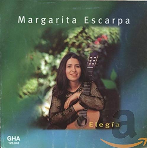 CD cover: Margarita Escarpa with a classical guitar, green background.