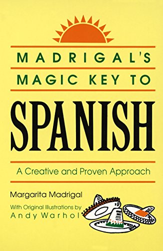 Book cover for Madrigal's Magic Key to Spanish with yellow background and sombrero illustrations.