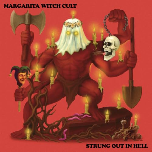 Red illustration of a muscular, horned figure with a ghost and skull.