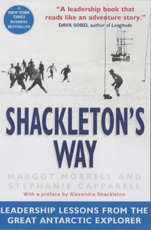 Book cover depicting explorers in a snowy landscape, titled “Shackleton’s Way.”