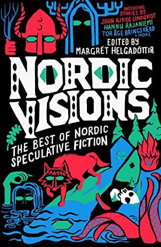 Book cover with bold red, blue, and green illustrations of creatures on black background.