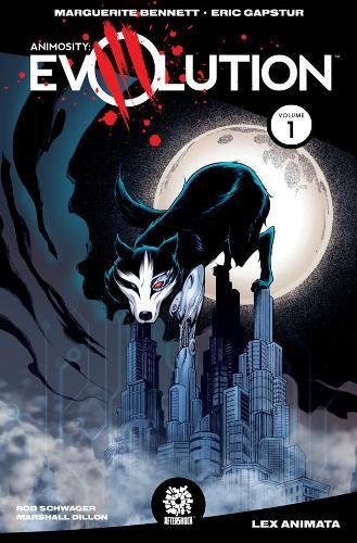Comic book cover: wolf-like creature silhouetted against a full moon and city.