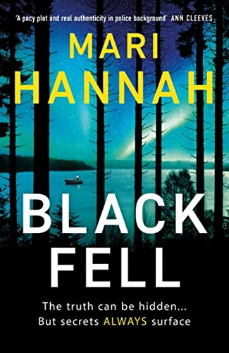 Book cover: dark forest and lake scene with large white text "BLACK FELL".