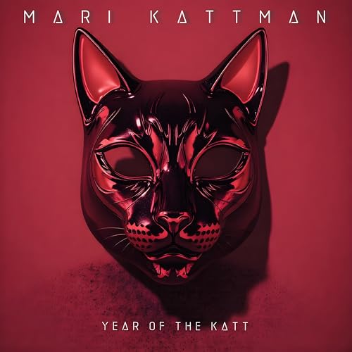 Black cat mask with red interior and highlights on red background.