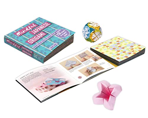 Origami kit with patterned paper, book, and examples of folded paper shapes.