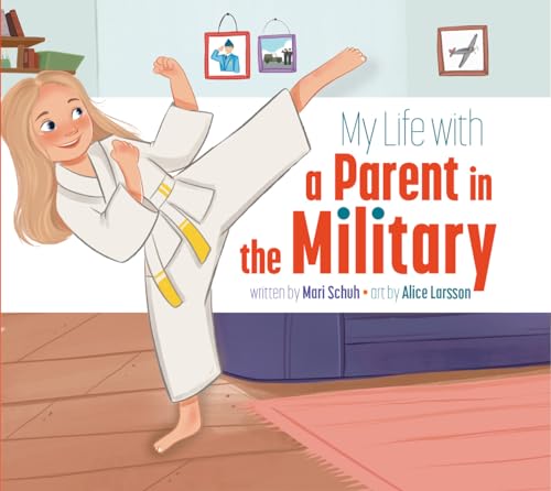 Book cover: girl in karate pose, military photos on wall.