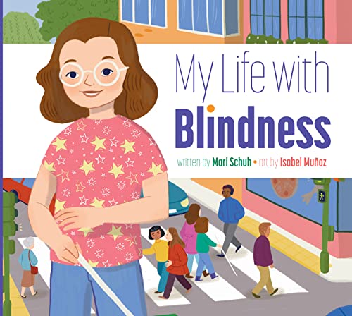 Book cover showing a girl with glasses and a white cane in a city.