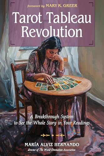 Book cover: woman with tarot cards at a table, painted style.