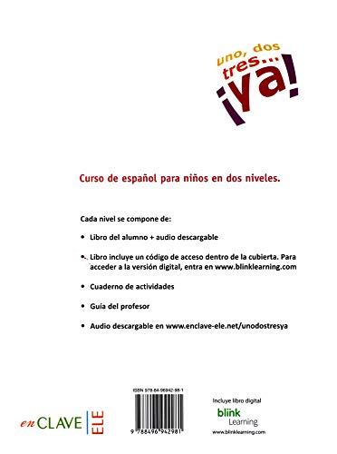 Spanish textbook cover with colorful title and barcode, includes downloadable audio.