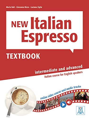 Italian language textbook cover with coffee cup and digital media icons.
