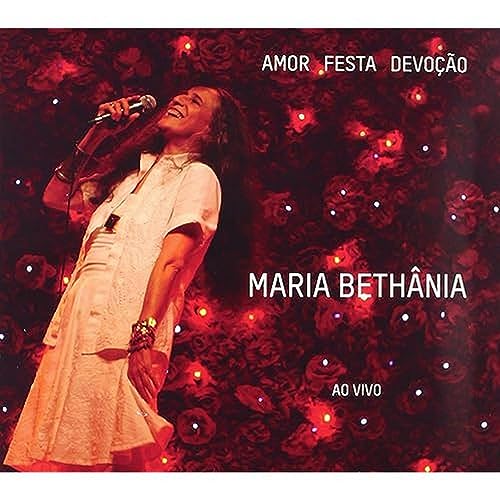Maria Bethânia album cover, singer with microphone against red floral background.