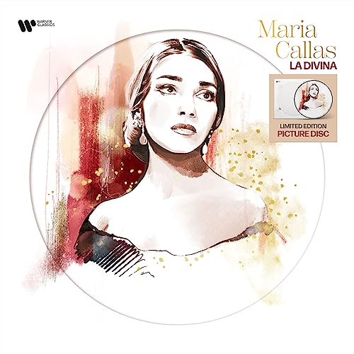 Maria Callas portrait on a circular vinyl record with watercolor effect.