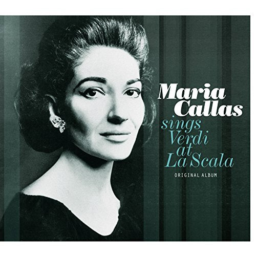 Maria Callas portrait on vinyl album cover, striped green background.