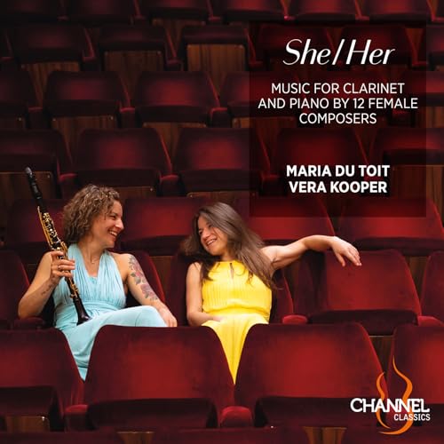 CD cover featuring two women and a clarinet, with text “She/Her”.
