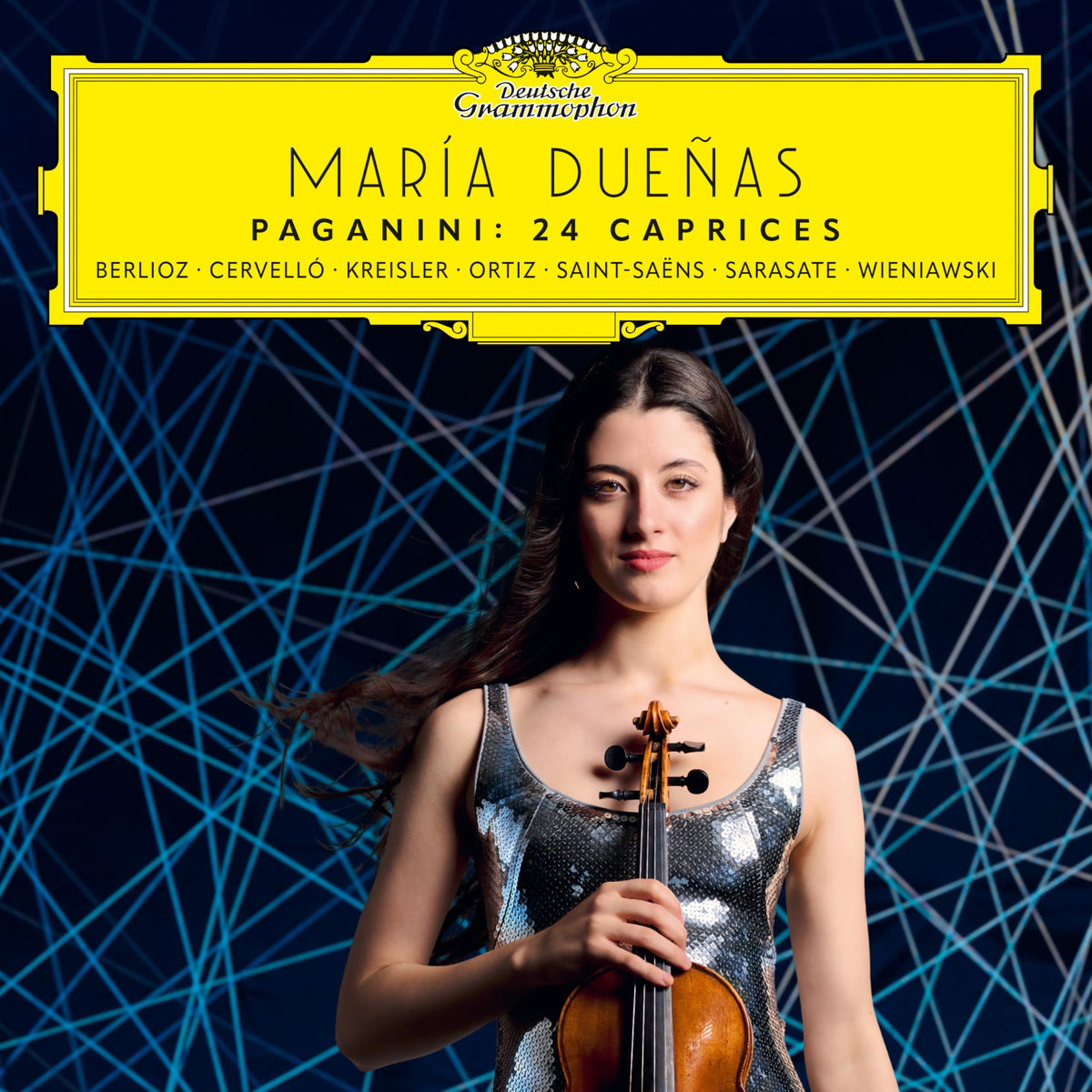 Vinyl album cover featuring violinist María Dueñas and abstract lines.