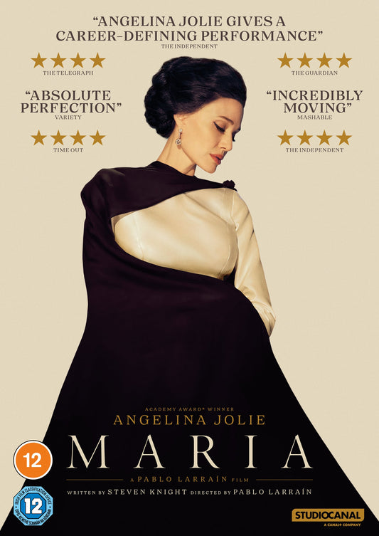 DVD cover for "Maria" featuring Angelina Jolie in a brown coat.