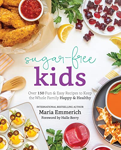 Cookbook cover with food images, title "Sugar-Free Kids," and author Maria Emmerich.