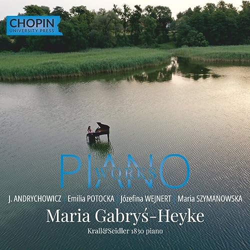 CD cover with a pianist at a piano by a lake, text overlay.