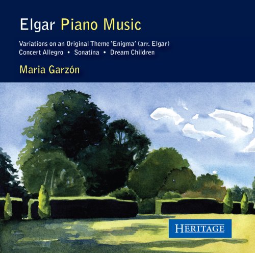 CD cover for Maria Garzon’s Elgar Piano Music with landscape art.