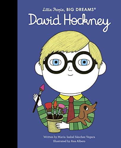Book cover featuring an illustration of David Hockney with glasses, paintbrushes, and a dog.