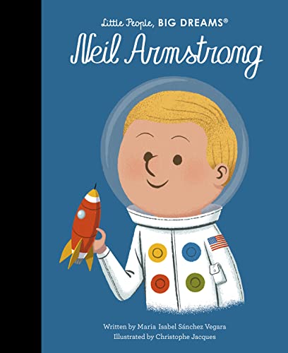 Book cover depicting a young Neil Armstrong in a spacesuit holding a rocket.