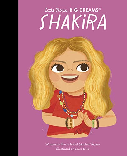 Illustrated book cover featuring a cartoon Shakira with blonde hair on a purple background.