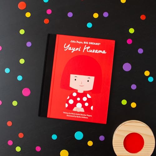 Red book cover featuring artist Yayoi Kusama with colorful polka dots.