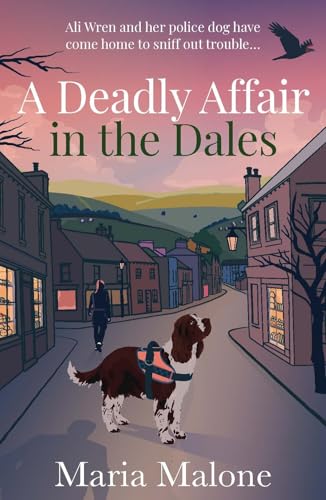 Book cover: illustrated village scene with a detective and spaniel.