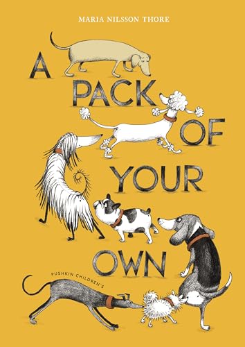 Book cover with a mustard yellow background featuring various illustrated dogs and the title.