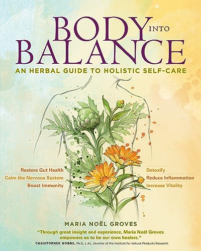 Book cover for Body into Balance featuring a watercolor illustration of herbs and flowers.
