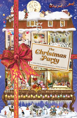 Detailed illustration of a snow-covered house with many Christmas scenes inside.
