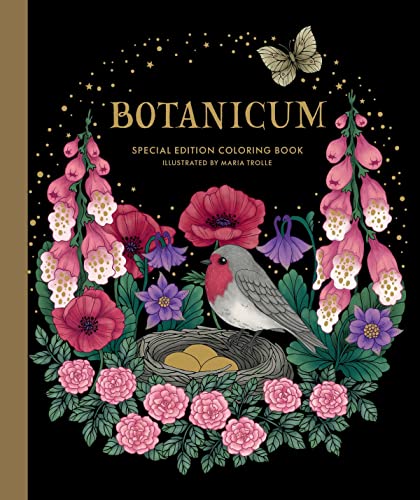 Botanicum coloring book cover with flowers, a bird, and a butterfly.