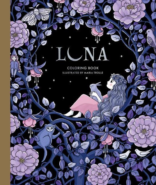 “Luna” coloring book cover with a girl, flowers, and animals in purple tones.